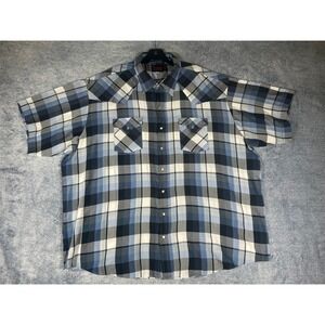 Plains Western Wear Mens‎ 3X Big Man Blue Plaid Short Sleeve Pearl Snap Shirt